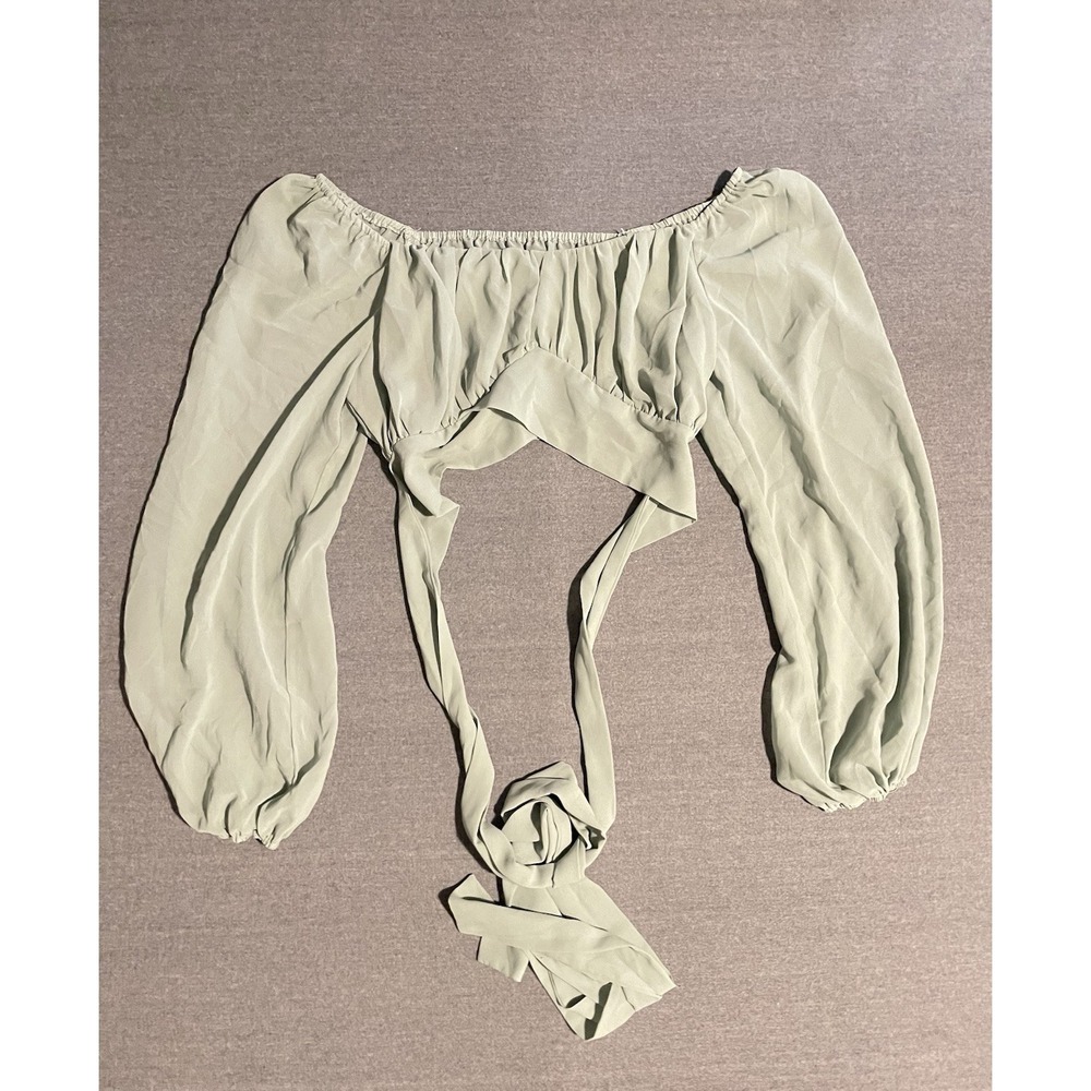 Shein Sage Green Tie Front Crop Top Long Sleeve Soft Girl Minimal Top